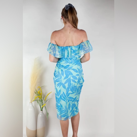 🔥🔥🔥NEW Amanda Uprichard Turquoise Rosalinda Off The Shoulder Dress - Picture 5 of 8